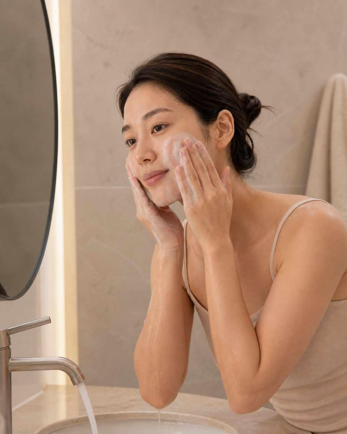 Mujer lavándose suavemente el rostro como primer paso de su rutina nocturna