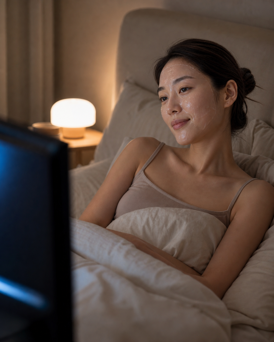 Mujer viendo una serie en la cama por la noche mientras deja secar la mascarilla